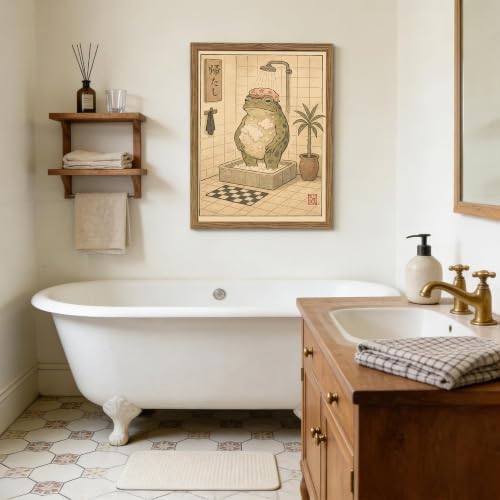 Framed Vintage Frog Bathroom Wall Art, Funny Cute Green Frog in Bubble Bath - Image 7
