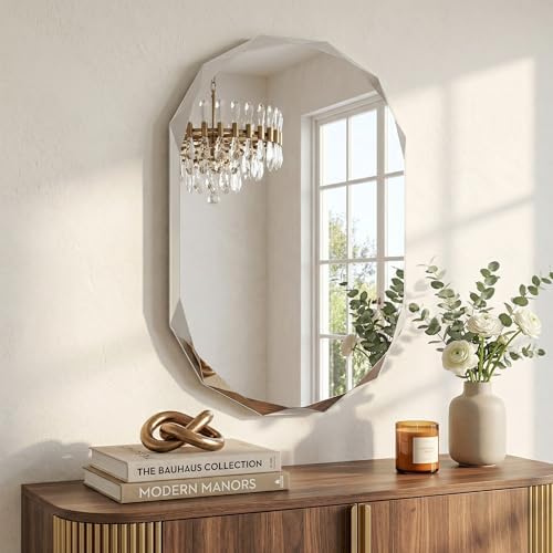 24" x 36" Diamond Edge Frameless Oval Mirror, Faceted Wall Mirror - Image 4