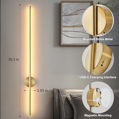 KARTOOSH Battery Operated Modern Wall Sconce Set of Two, 39.3 Inch Brass - Image 6
