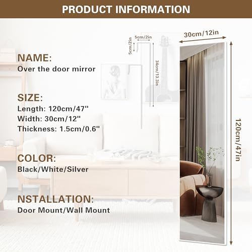ANYHI 47"x12" Full Length Mirror Over the Door Hang or Wall Mounted - Image 2