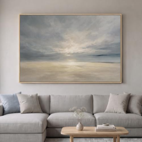 Extra Large Framed Beige Blue Coastal Abstract Wall Art, Horizontal 60x40 by Cuspin