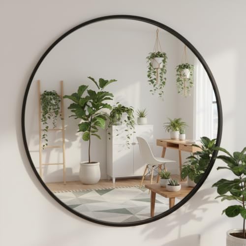 24 Inch Round Mirror, Metal Frame Wall Mirror Mounted Black Circle Mirrors by Smartxchoices