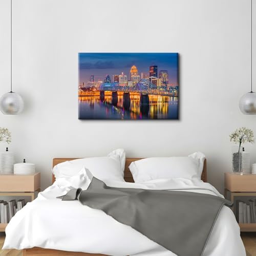 Large USA Downtown Colorful Night Cityscape Canvas Wall Art Louisville Kentucky - Image 5