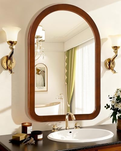 Arched Mirror 24 x 36 Inch, Walnut Brown Wood Rustic Bathroom Wall Mirror - Image 4