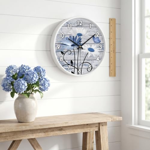 Rustic Wood Board Daisy Butterfly Blue and White wall clock Silent Non Ticking - Image 6