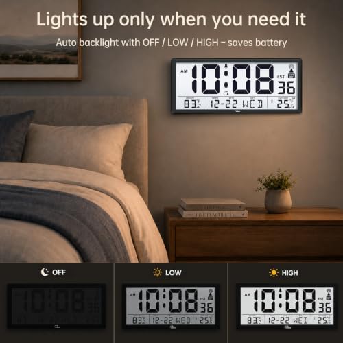 WallarGe Backlight Atomic Wall Clock Battery Operated, Indoor/Outdoor Temp - Image 3