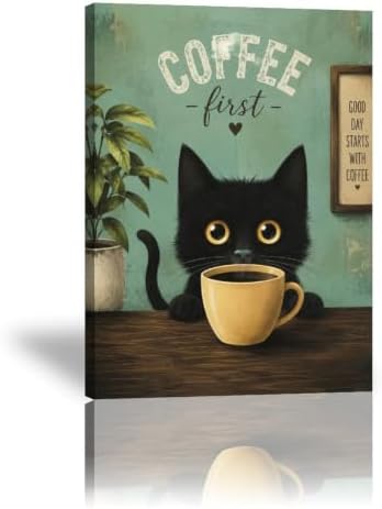 Coffee Cat Poster Black Cat Coffee Lover Vintage Canvas Wall Art by Unknown