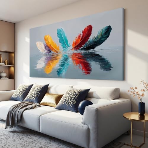 YISXINOAG Colorful Abstract Wall Art Modern Feather Painting Canvas 24"X48" by YISXINOAG