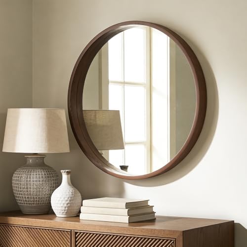 WallBeyond 28 Inch Round Wood Mirror, Large Circle Wooden Frame Wall Mirror - Image 3