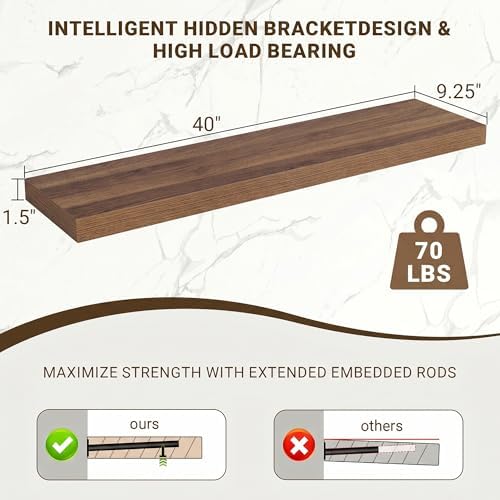 Acovy 40 Inch Floating Shelves, 3D Textured Wood Grain, Wooden Shelves - Image 3