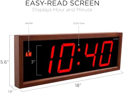 Ivation Large Digital Wall Clock, Big LED Display & Stylish Wood Frame - Image 2