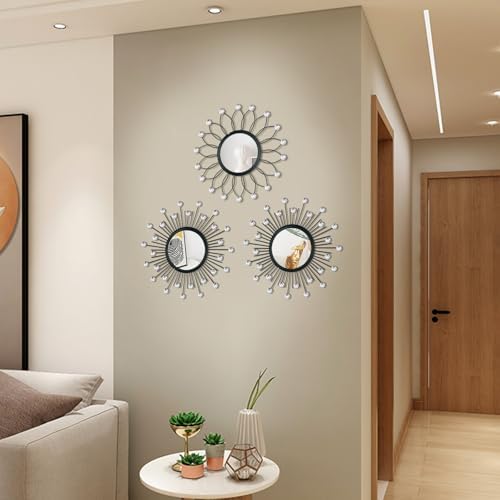 3 Pack Metal Mirrors for Wall Sunburst Wall Mirror Black Crystal Wall Art - Image 7