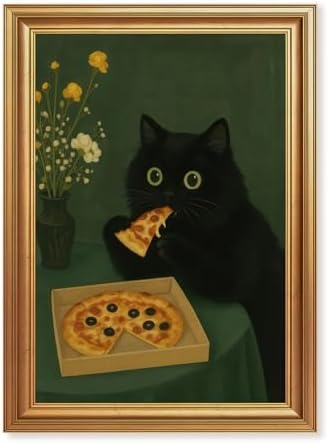 ICHZUMW Gold Framed Funny Black Cat Eating Pizza Canvas Wall Art, 16x24 In by Unknown