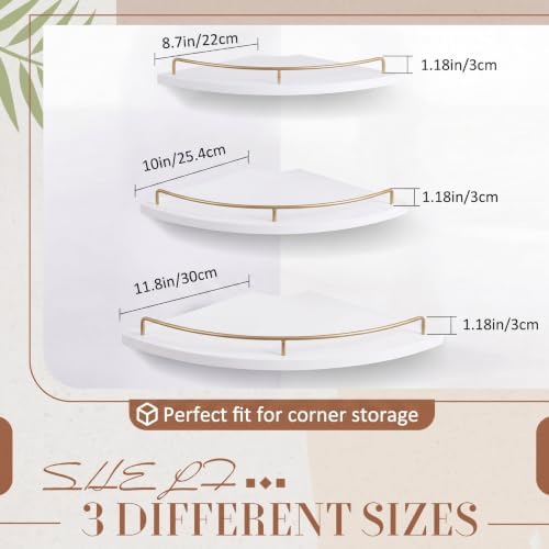 Novabright Corner Floating Shelf Set of 3 White & Gold Wood 9/10/12 in - Image 2