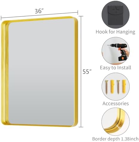 Koonmi Gold Bathroom Mirror, 36x55 Shatterproof Wall Vanity Mirror - Image 6