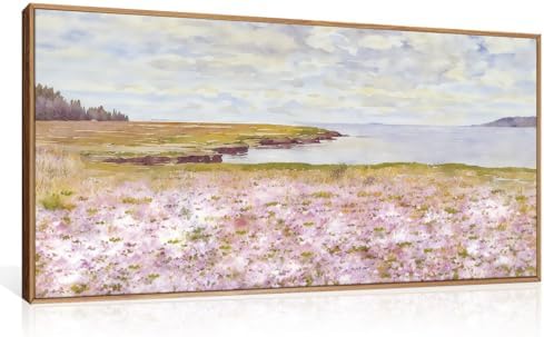 Watercolor Pink Floral Coastal Landscape Framed Canvas Wall Art-20"x40"x1 by HOURIA