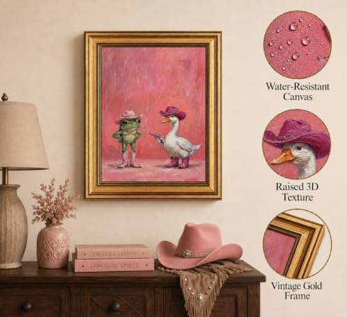 Gold Framed 3D Textured Wall Art, Funny Pink Cowboy Frog and Duck Canvas Prints - Image 2