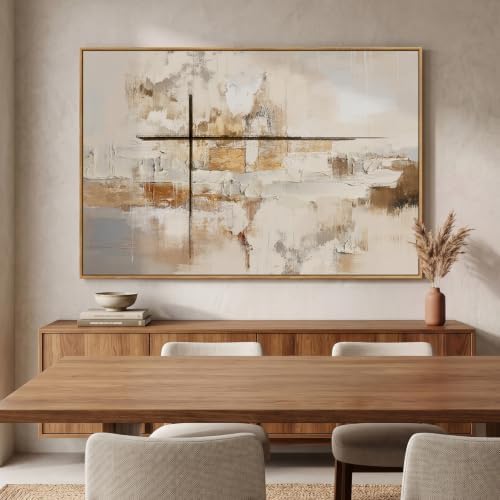 Extra Large Framed Neutral Beige Abstract Wall Art, Horizontal 60x40 In - Image 3