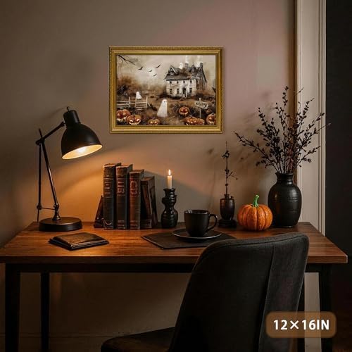 AVECCO Halloween Haunted House Ghost Wall Art Canvas Framed 16x24 inch - Image 4