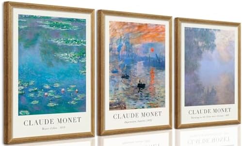 SYWENNOI Triptych Framed Claude Monet Water Lilies Canvas Wall Art 16x24 in by SYWENNOICanvasWallArt