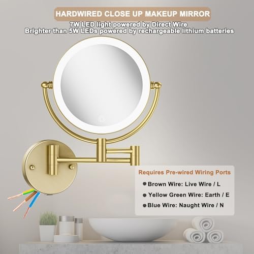 8 Inches Brass Lighted Makeup Mirror Wall Mounted - Image 6