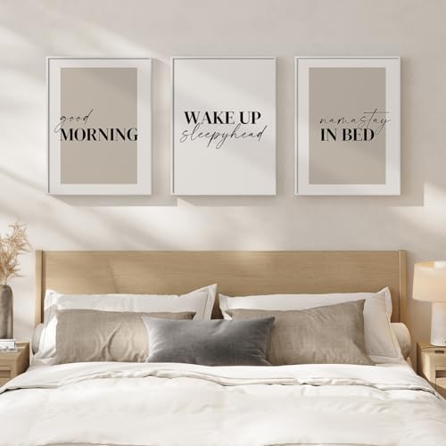 Framed Neutral 3 Piece Minimalist Canvas Wall Art Master Bedroom, 12x16 In by Cuspin
