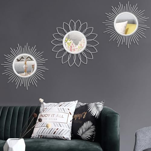 3 Pack Metal Mirrors for Wall Sunburst Wall Mirror Silver Wall Art Décor - Image 3