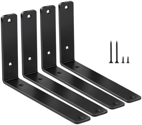 4 Pack - L 12" x H 8" x W1.5, 5mm Thick Black L Shelf Bracket, Iron Shelf by MHMYDZ