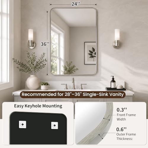 24x36 Inch Brushed Nickel Rounded Rectangle Bathroom Vanity Mirror - Image 2