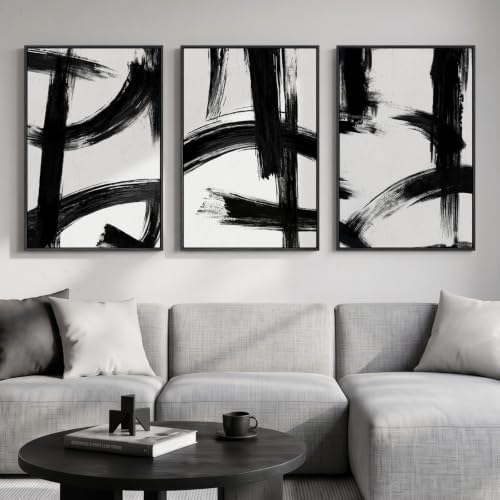 Large Framed Black and White Modern Abstract Wall Art Set, 3 Piece 24x36 In by Cuspin