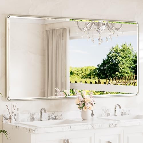 TETOTE Brushed Nickel Framed Bathroom Mirror 72 x 36 Large Beveled Edge by TETOTE