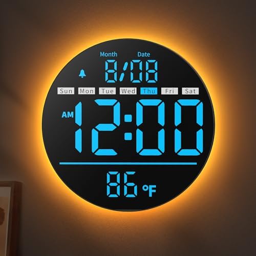 8in Round Digital Wall Clock, Large LED Display, Auto DST, Temperature by Unknown