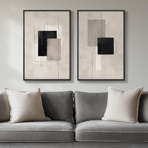 Framed Modern Black Beige Abstract Canvas Wall Art Decor Set of 2, 16x24 In by Cuspin