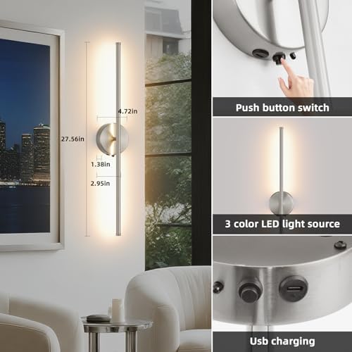 Battery Operated wall Sconce Set of 2, Brushed Nickel 27.5" LED USB - Image 4
