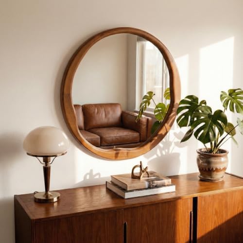 Warm Walnut 30 Inch Round Wood Wall Mirror, Asymmetrical Inner Edge - Image 2
