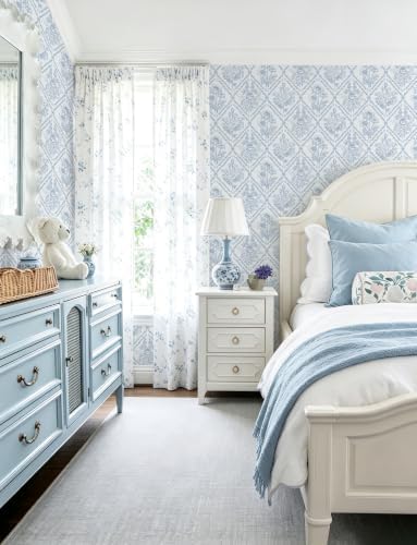 Toduso Peel and Stick Wallpaper Vintage Wall Paper Blue and White Contact Paper - Image 2