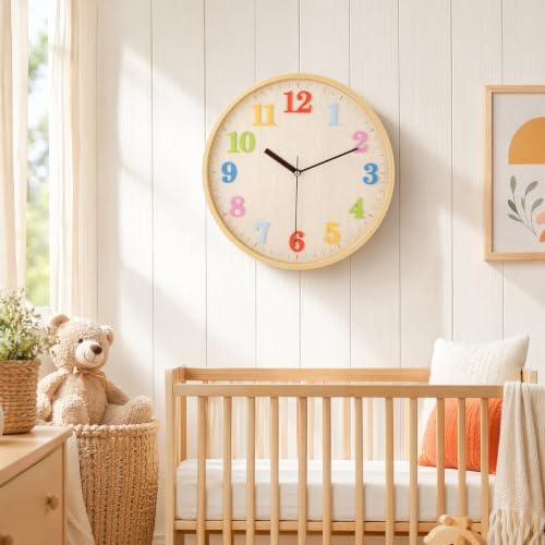 Topkey 12" Wooden Look Wall Clock Silent Non-Ticking 3D Numbers Colorful - Image 4
