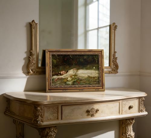 Vintage Gold Framed Ophelia Canvas Wall Art Gothic Dark Academia Pond Lotus - Image 5