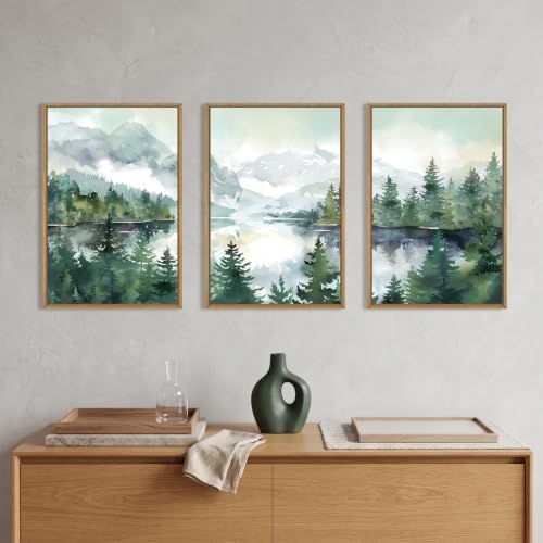 Watercolor Mountain Forest Framed Canvas Wall Art Set-24"x36"x3 - Image 3