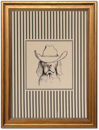 Vintage Gold Framed Western Cowboy Dog Wall Art, Cute Labrador in Cowboy Hat by Unknown