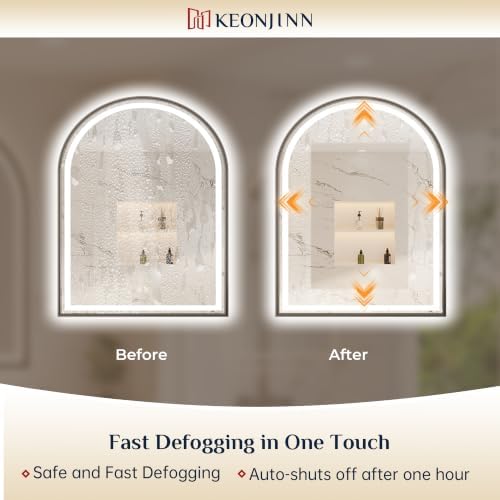 Keonjinn 20x30 Inch Black Arched LED Bathroom Mirror, Frontlit & Backlit - Image 7