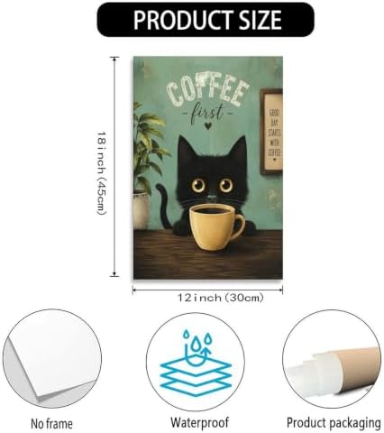 Coffee Cat Poster Black Cat Coffee Lover Vintage Canvas Wall Art - Image 3