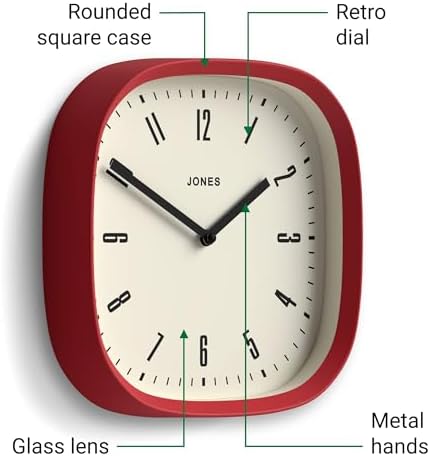 JONES CLOCKS® Marvel wall Clock | Modern Retro Rounded Square Clock | 10" | Red - Image 6