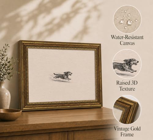 Gold Framed 3D Textured Wall Art, Vintage Sketch Running Dog Canvas Prints - Image 2