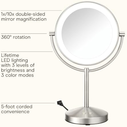 Conair LED Vanity Mirror, Double-Sided, 10x Magnification, Satin Nickel - Image 2