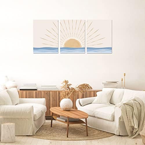 Boho Wall Art Set of 3, Neutral Geometric Sun Rising on the Sea Minimalist Art - Image 3
