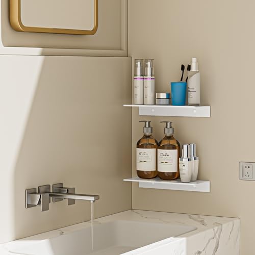 HNVNER Adhesive Floating Shelves 2 Pieces, Glossy White Shower Wall Shelf - Image 2