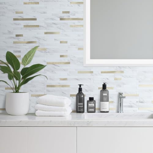 DICOFUN 20 Sheets White Marble Peel and Stick Backsplash, PVC Mixed Metal Gold - Image 4