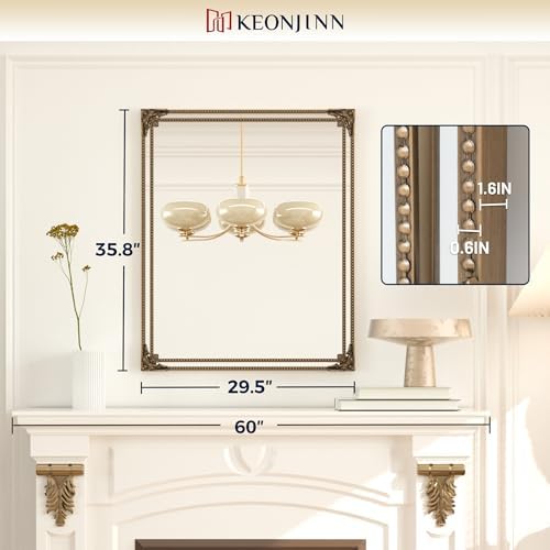 Keonjinn 30x36 Inch Gold Antique Vintage Mirror, Brass Baroque Mirror - Image 6