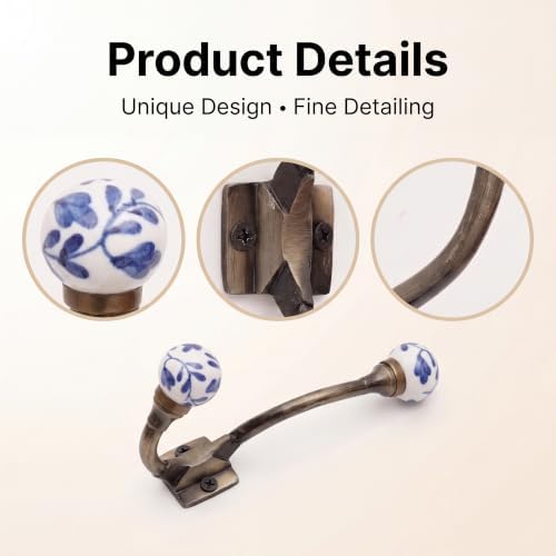 Indian Shelf Blue White Ceramic Double Wall Coat Hooks Heavy Duty 6 Pack - Image 4
